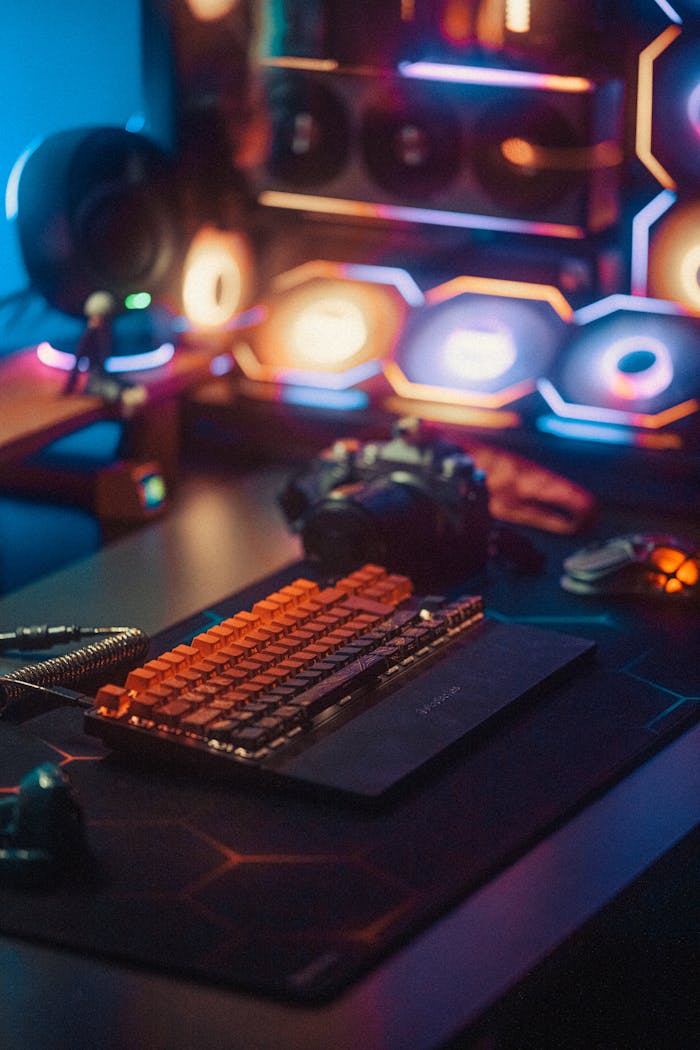 mobile-02 A colorful gaming desk setup featuring a mechanical keyboard and professional camera, illuminated by vibrant LED lights.